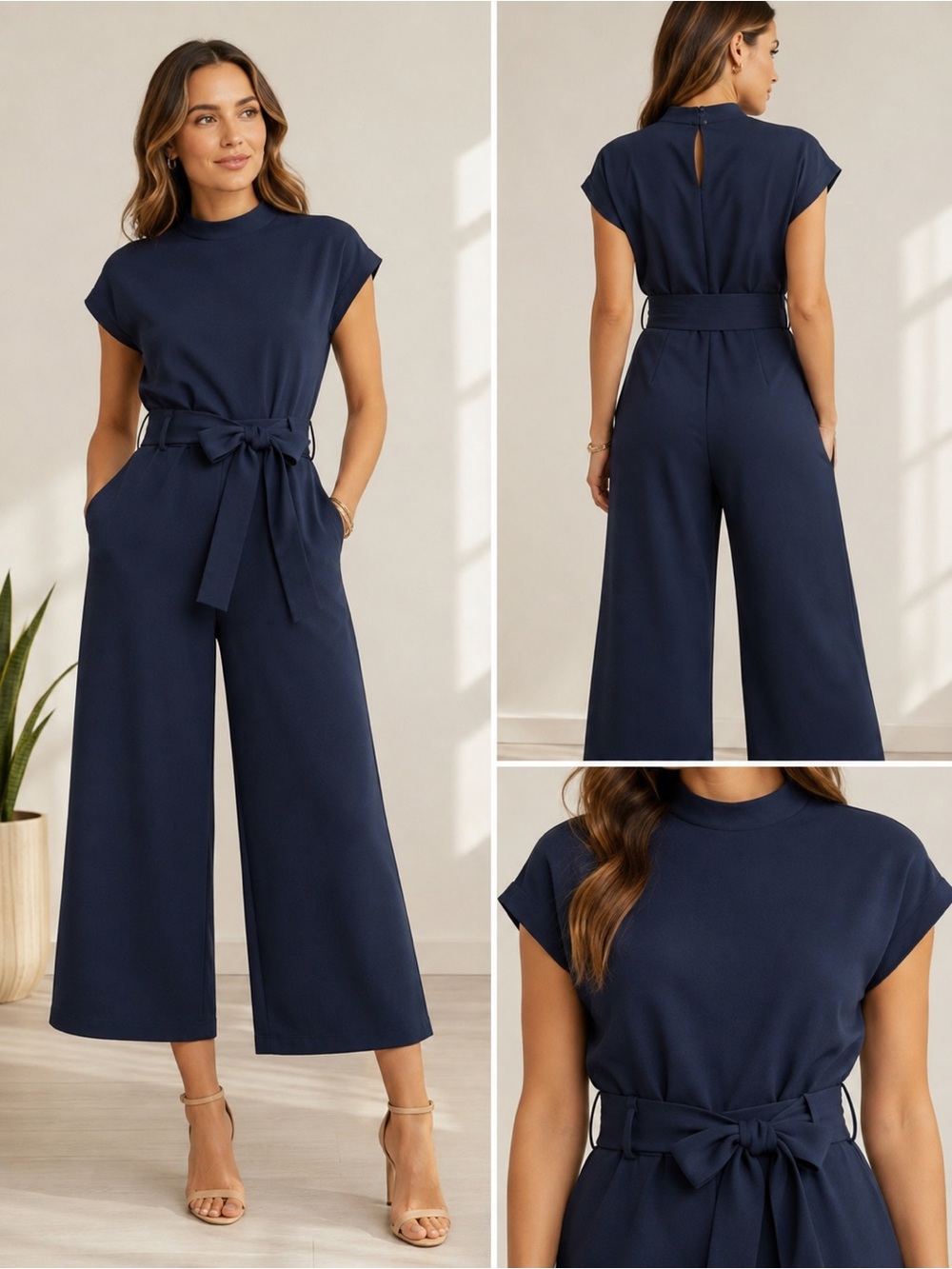 Zara Basic Navy Belted Wide Leg Jumpsuit Size Small